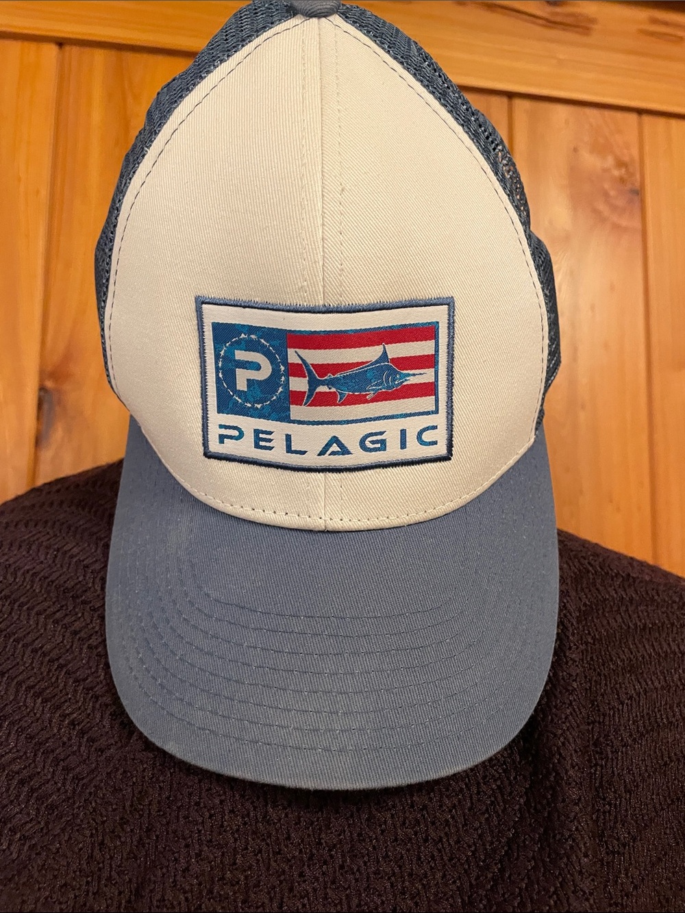 Pelagic Blue and White Mesh Trucker Hat with Patch Logo